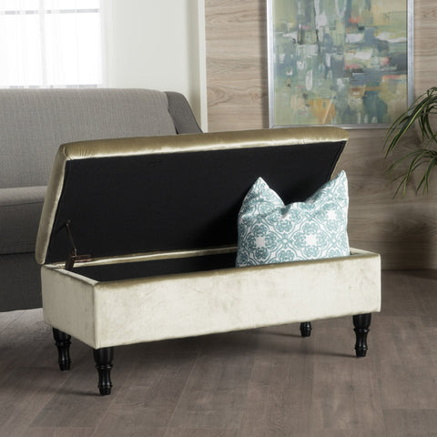 Image of Constance Button Tufted Fabric Rectangle Storage Ottoman Bench w/ Turned Legs