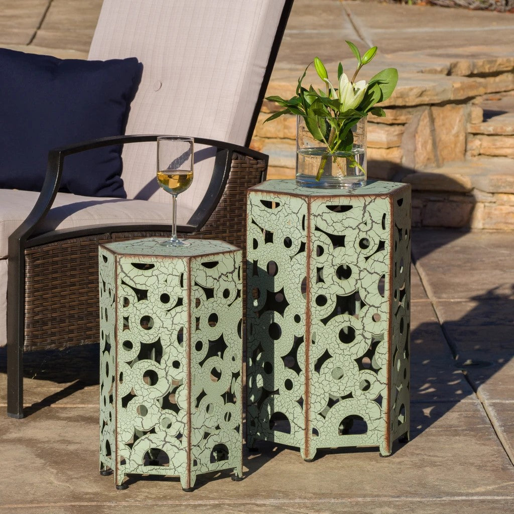 Contemporary Outdoor Hexagonal Antique Iron Accent Tables (Set of 2)