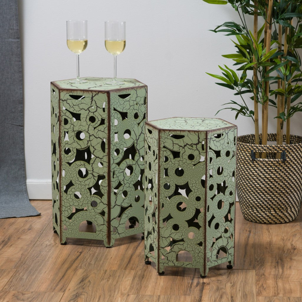 Contemporary Outdoor Hexagonal Antique Iron Accent Tables (Set of 2)