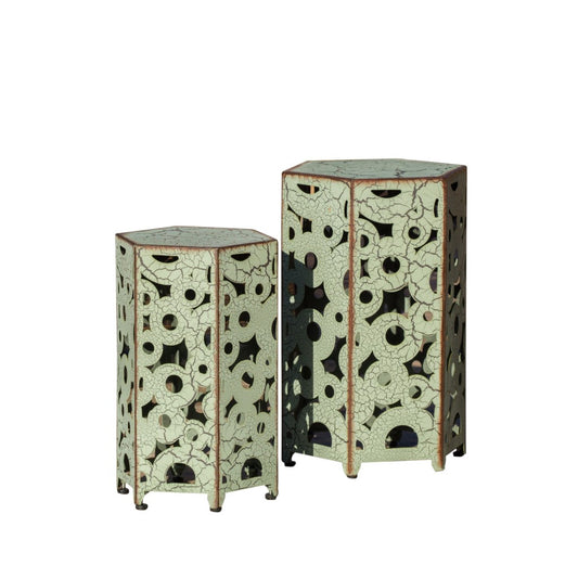 Contemporary Outdoor Hexagonal Antique Iron Accent Tables (Set of 2)