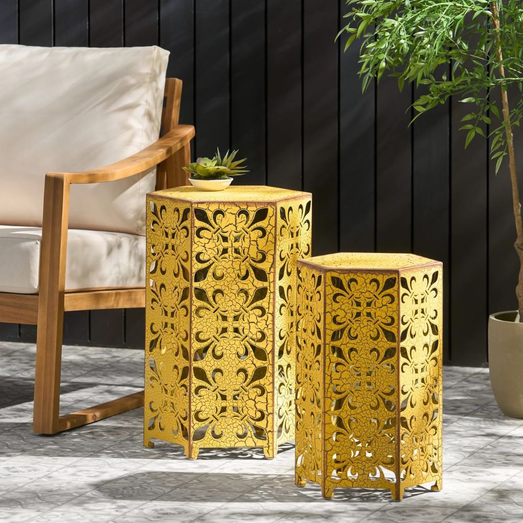 Contemporary Outdoor Hexagonal Antique Yellow Iron Accent Tables (Set of 2)