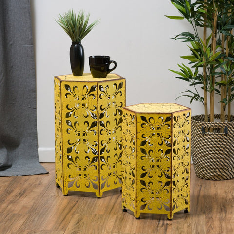 Image of Contemporary Outdoor Hexagonal Antique Yellow Iron Accent Tables (Set of 2)