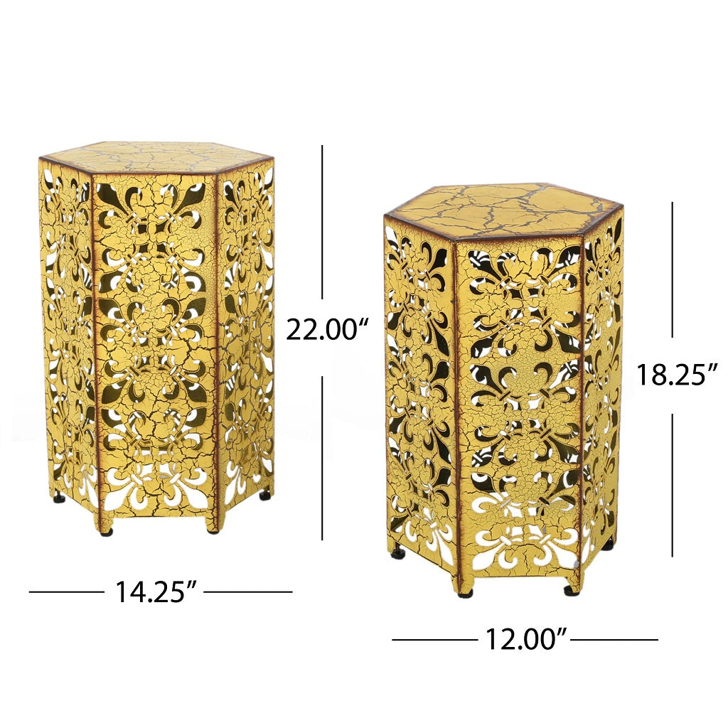 Contemporary Outdoor Hexagonal Antique Yellow Iron Accent Tables (Set of 2)