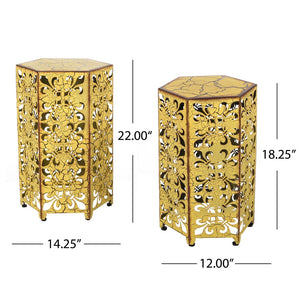 Contemporary Outdoor Hexagonal Antique Yellow Iron Accent Tables (Set of 2)