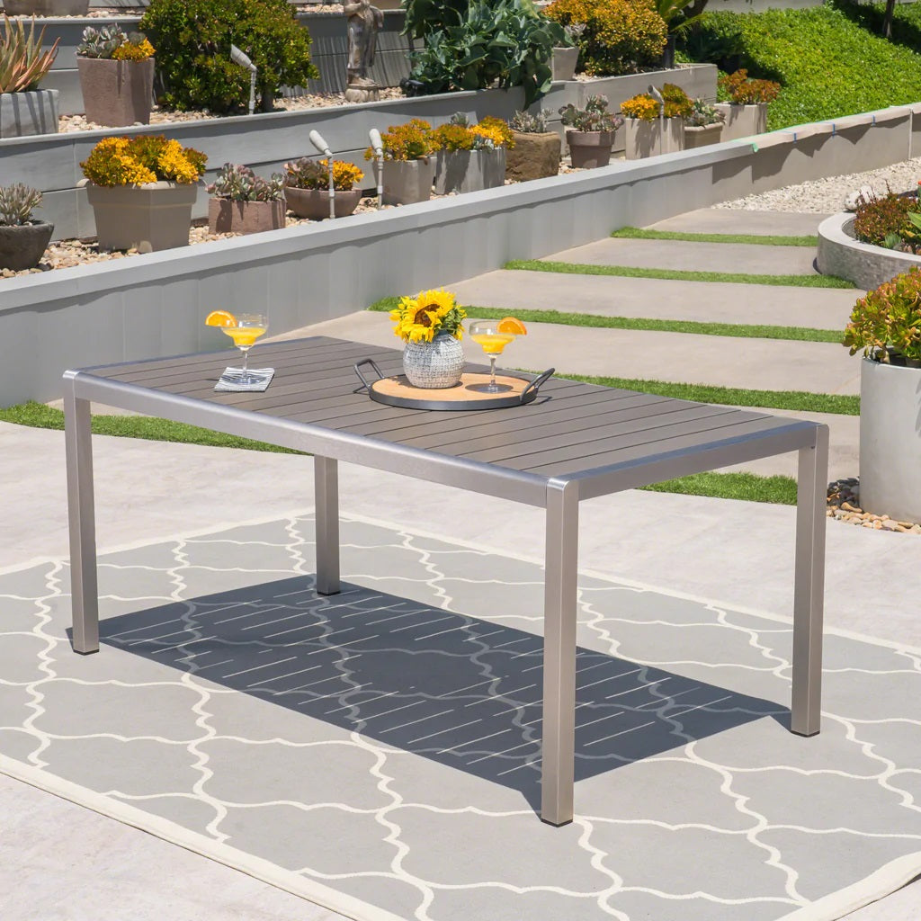 Coral Outdoor Aluminum Dining Table with Faux Wood Top, Gray Finish
