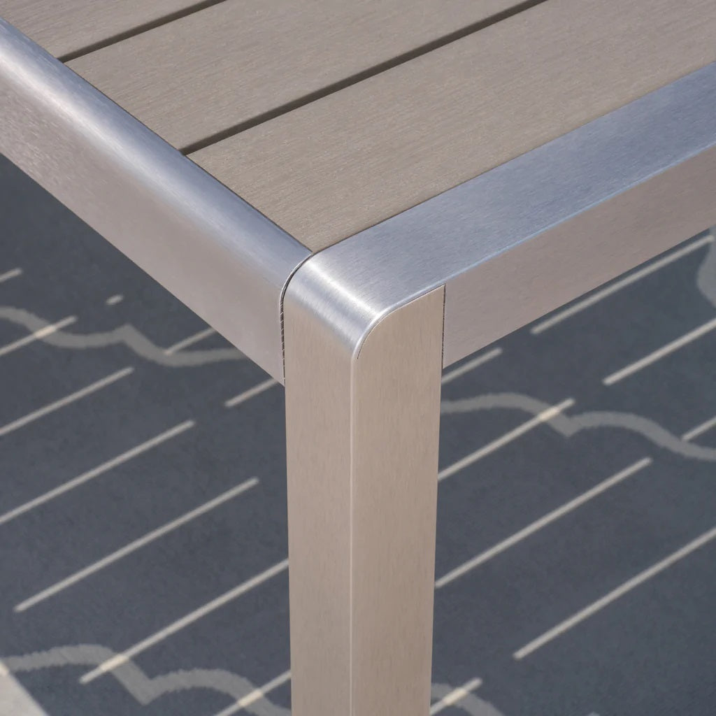 Coral Outdoor Aluminum Dining Table with Faux Wood Top, Gray Finish