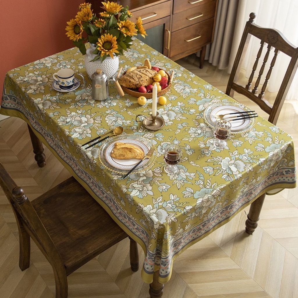 Dark Mustard Yellow and Aqua Floral Tablecloth