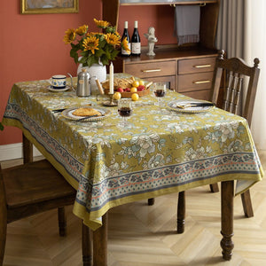 Dark Mustard Yellow and Aqua Floral Tablecloth