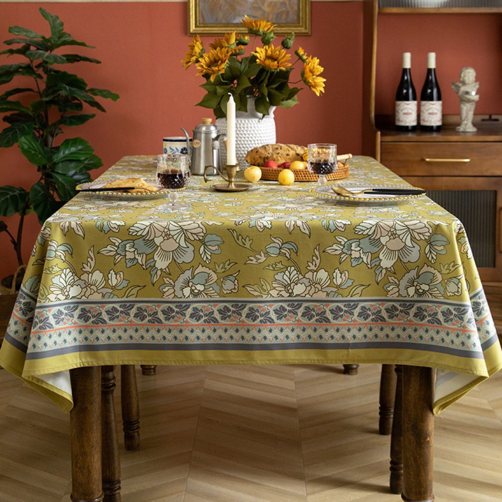 Dark Mustard Yellow and Aqua Floral Tablecloth