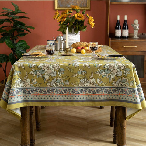 Image of Dark Mustard Yellow and Aqua Floral Tablecloth