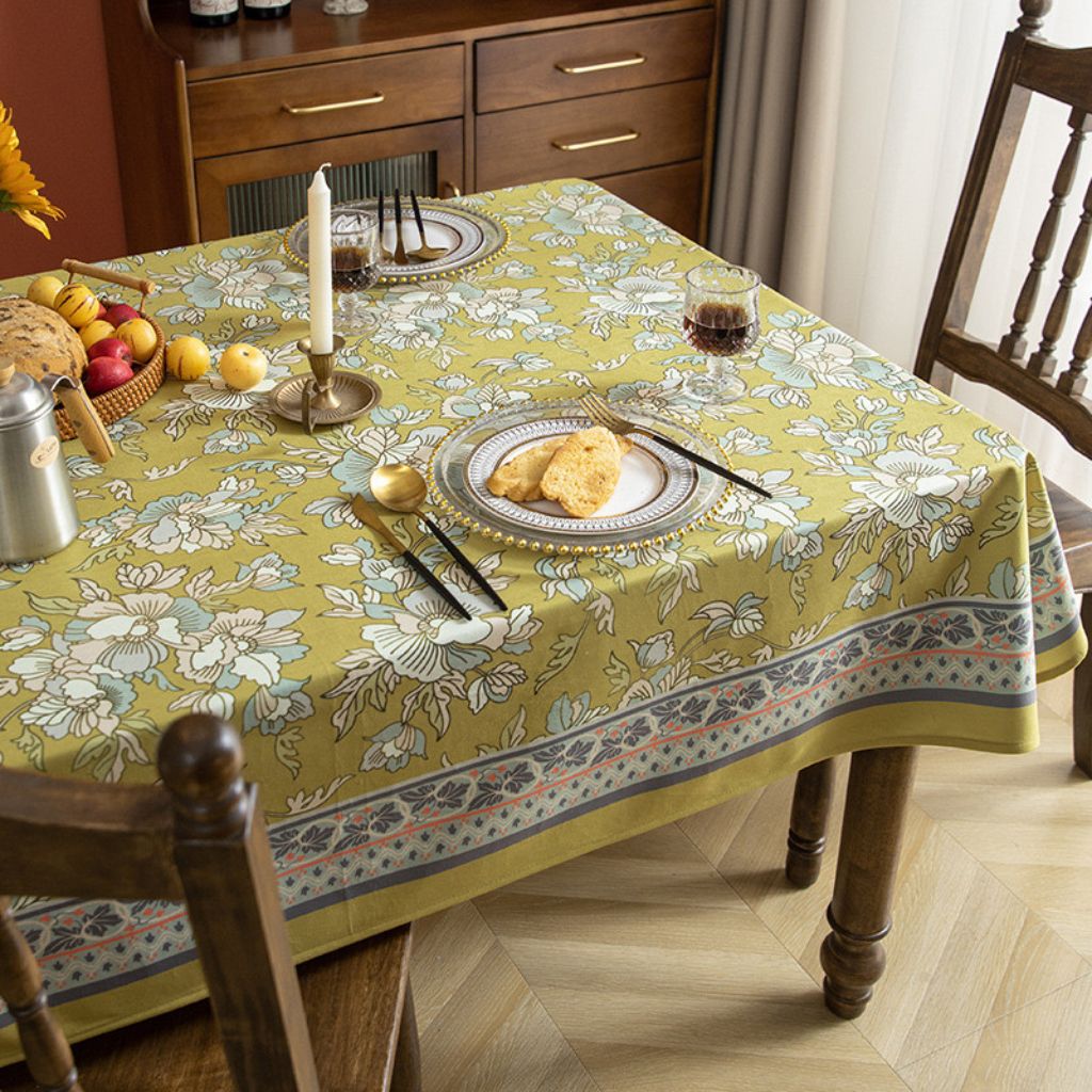 Dark Mustard Yellow and Aqua Floral Tablecloth