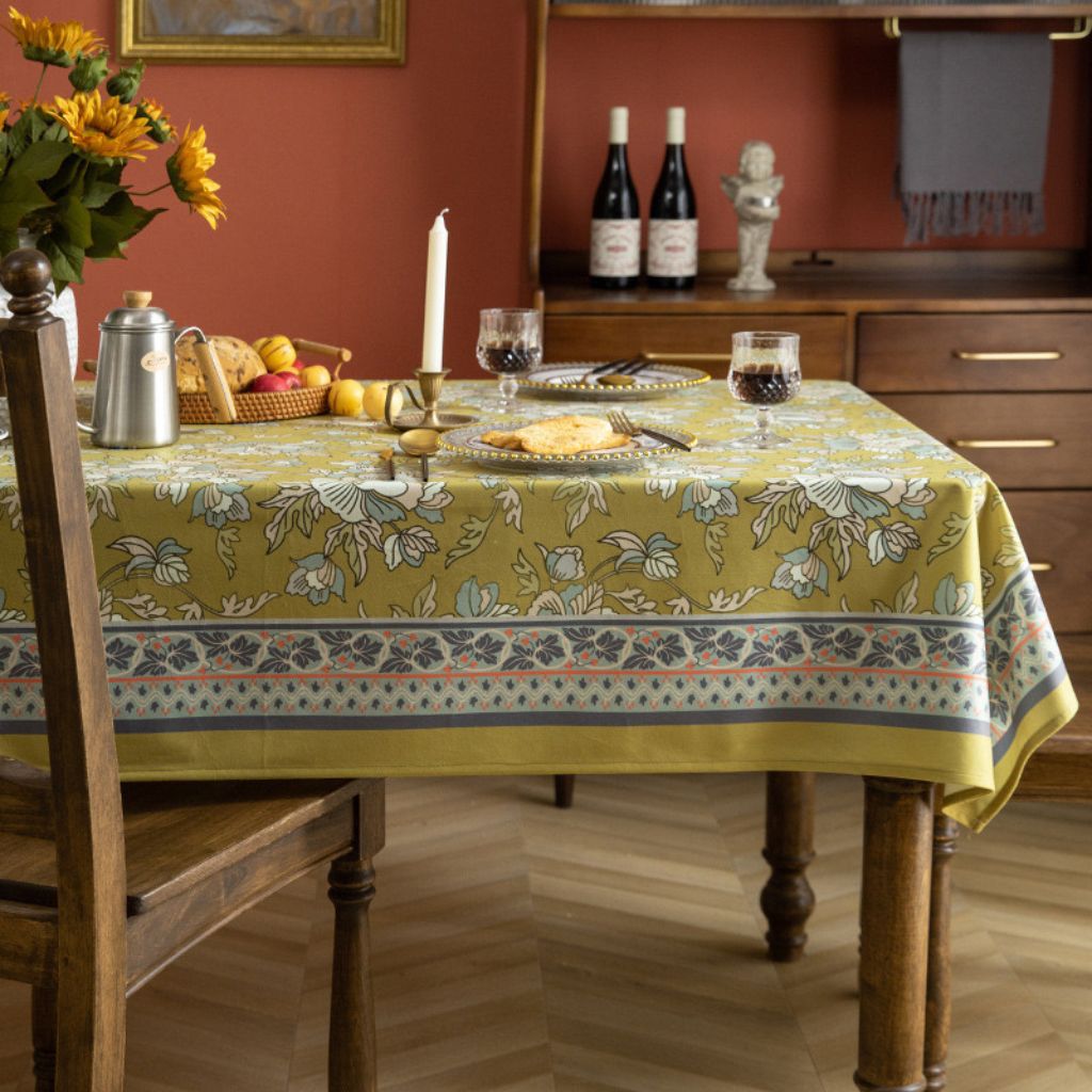 Dark Mustard Yellow and Aqua Floral Tablecloth