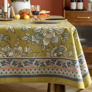 Dark Mustard Yellow and Aqua Floral Tablecloth
