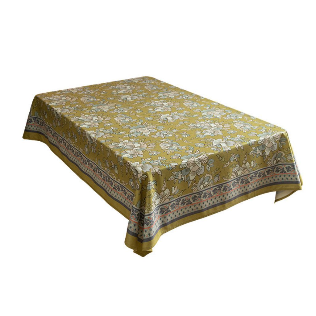 Dark Mustard Yellow and Aqua Floral Tablecloth