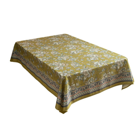 Dark Mustard Yellow and Aqua Floral Tablecloth