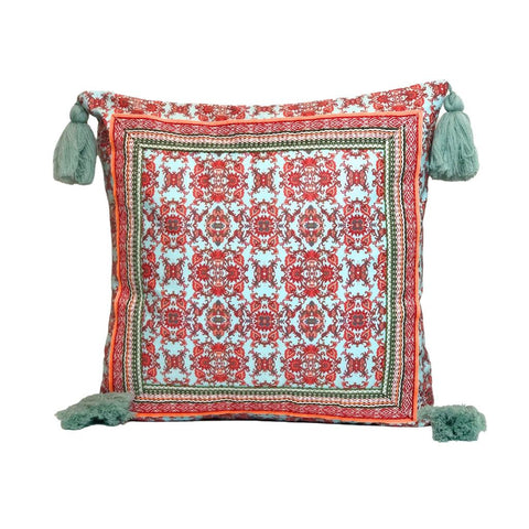 Image of Ethnic Floral With Embroidered Border & Tassels Throw Pillow Cover