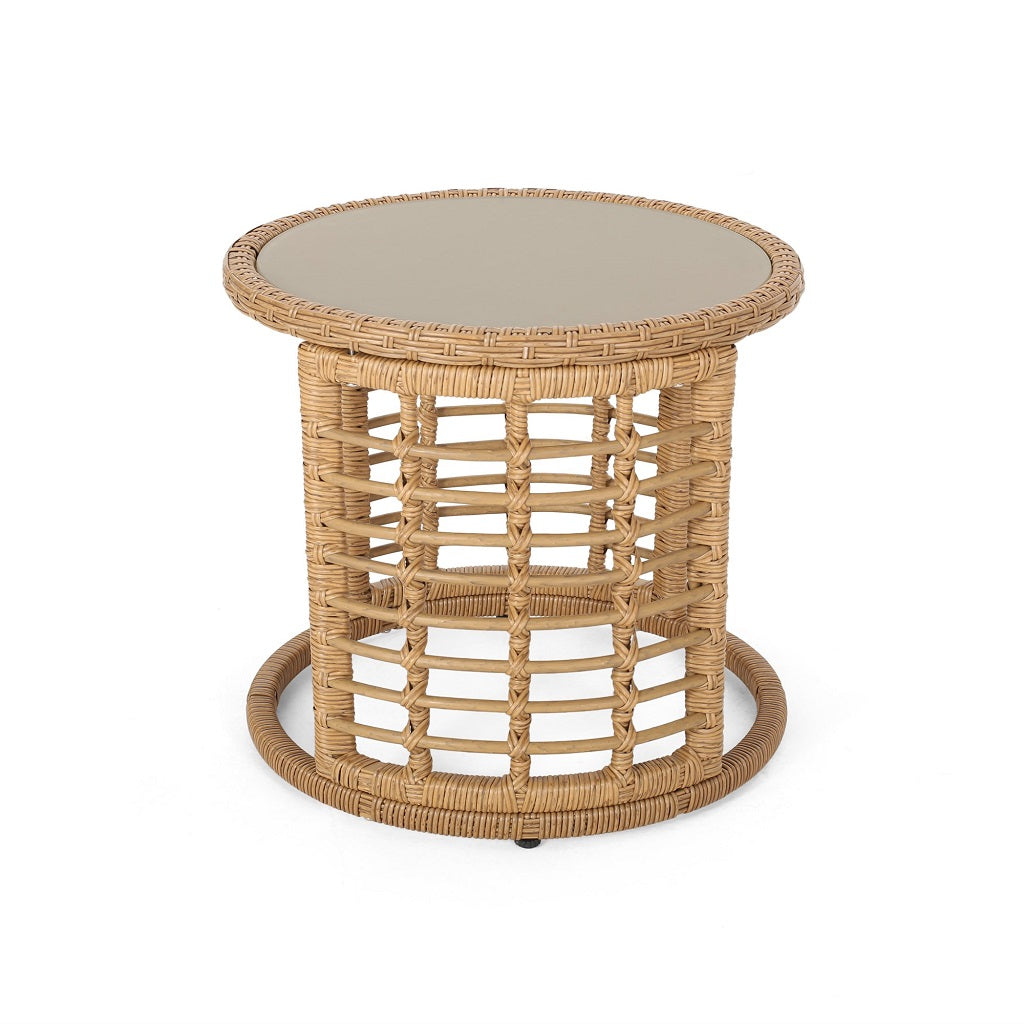 Evvy Outdoor Modern Boho Wicker Side Table with Tempered Glass Top