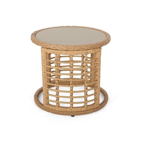 Image of Evvy Outdoor Modern Boho Wicker Side Table with Tempered Glass Top