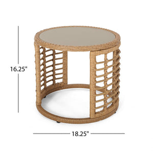 Evvy Outdoor Modern Boho Wicker Side Table with Tempered Glass Top