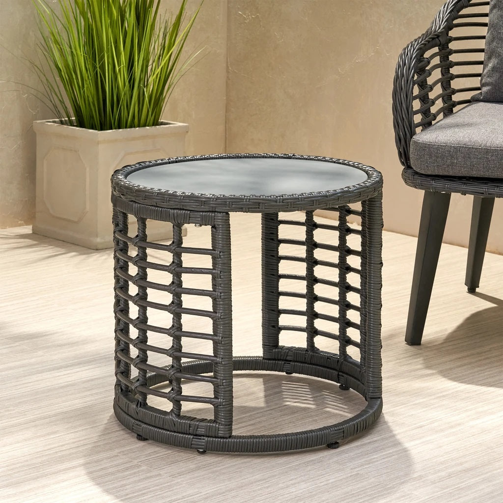 Evvy Outdoor Modern Boho Wicker Side Table with Tempered Glass Top