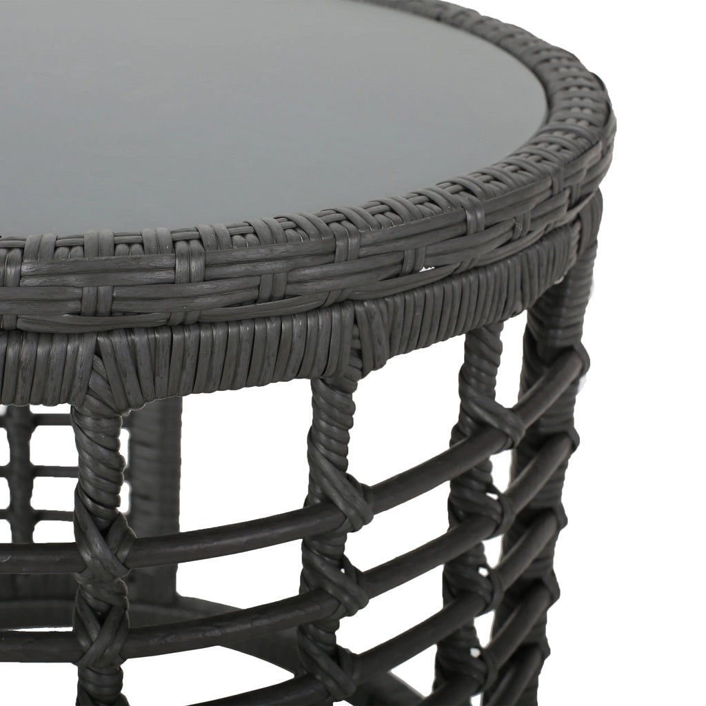 Evvy Outdoor Modern Boho Wicker Side Table with Tempered Glass Top
