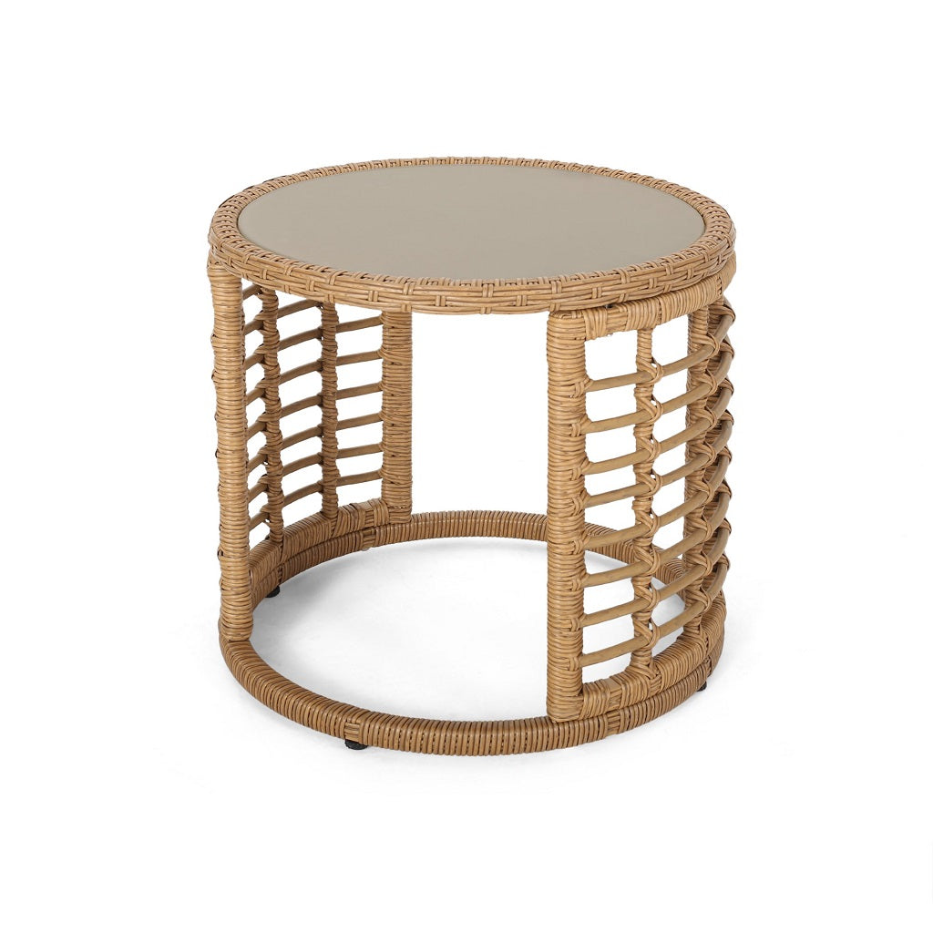Evvy Outdoor Modern Boho Wicker Side Table with Tempered Glass Top
