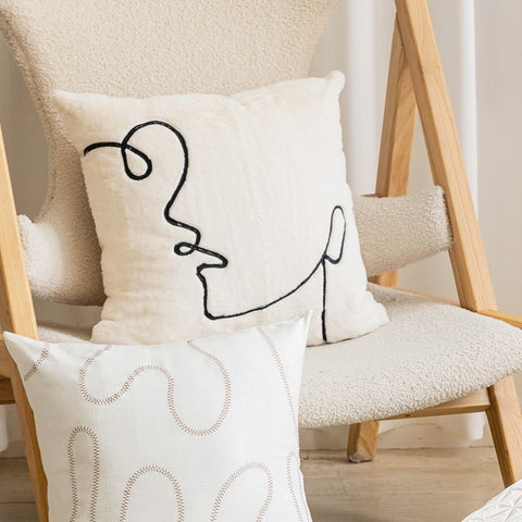 Image of Faux Fur Abstract Face Embroidered Throw Pillow Cover