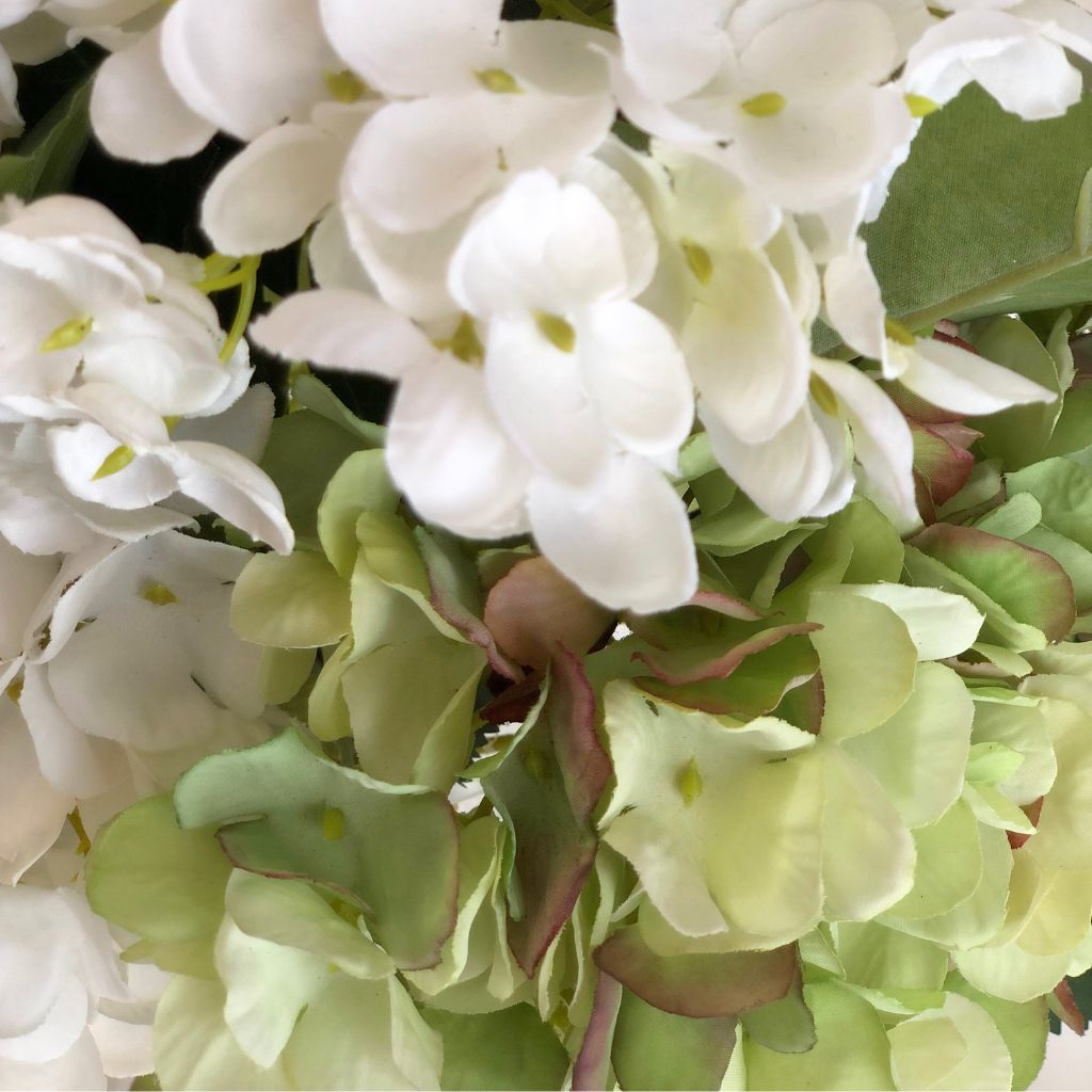 Faux Green and White Hydrangea in Glass Vase