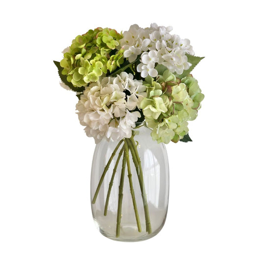 Faux Green and White Hydrangea in Glass Vase