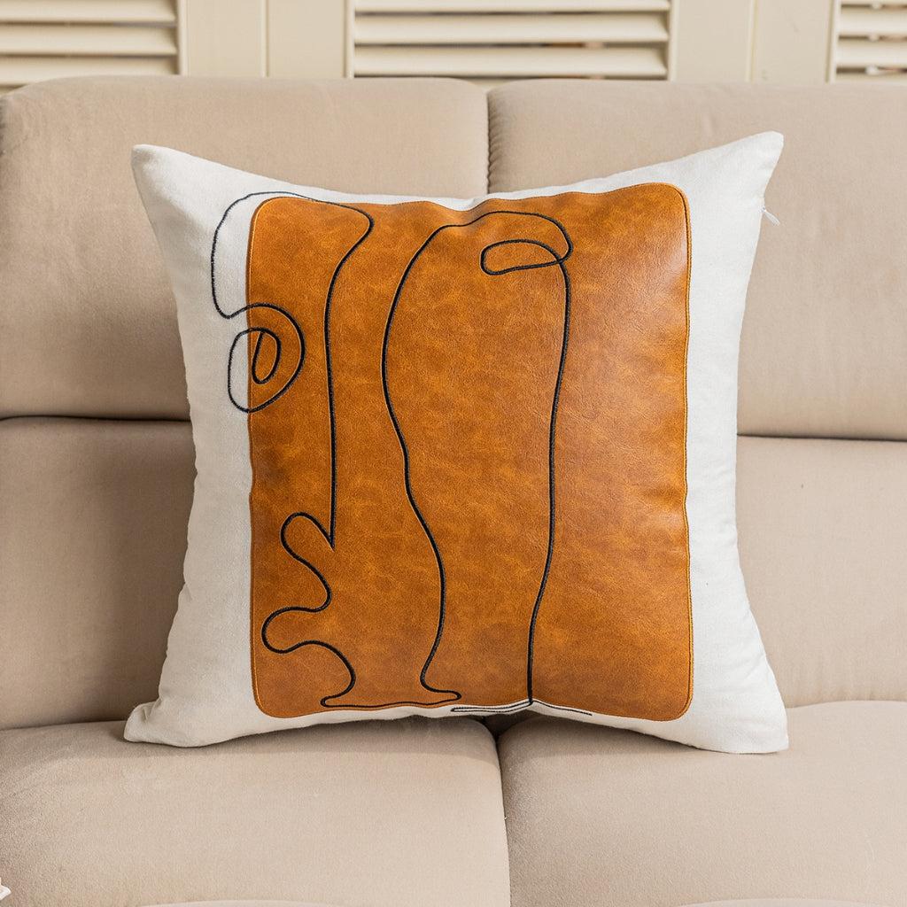 Faux Leather Abstract Line Embroidered Throw Pillow Cover