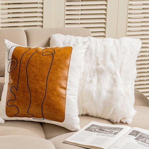 Image of Faux Leather Abstract Line Embroidered Throw Pillow Cover