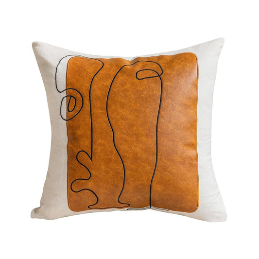 Faux Leather Abstract Line Embroidered Throw Pillow Cover