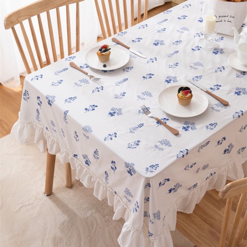 French Country Blue Floral Embroidered Tablecloth