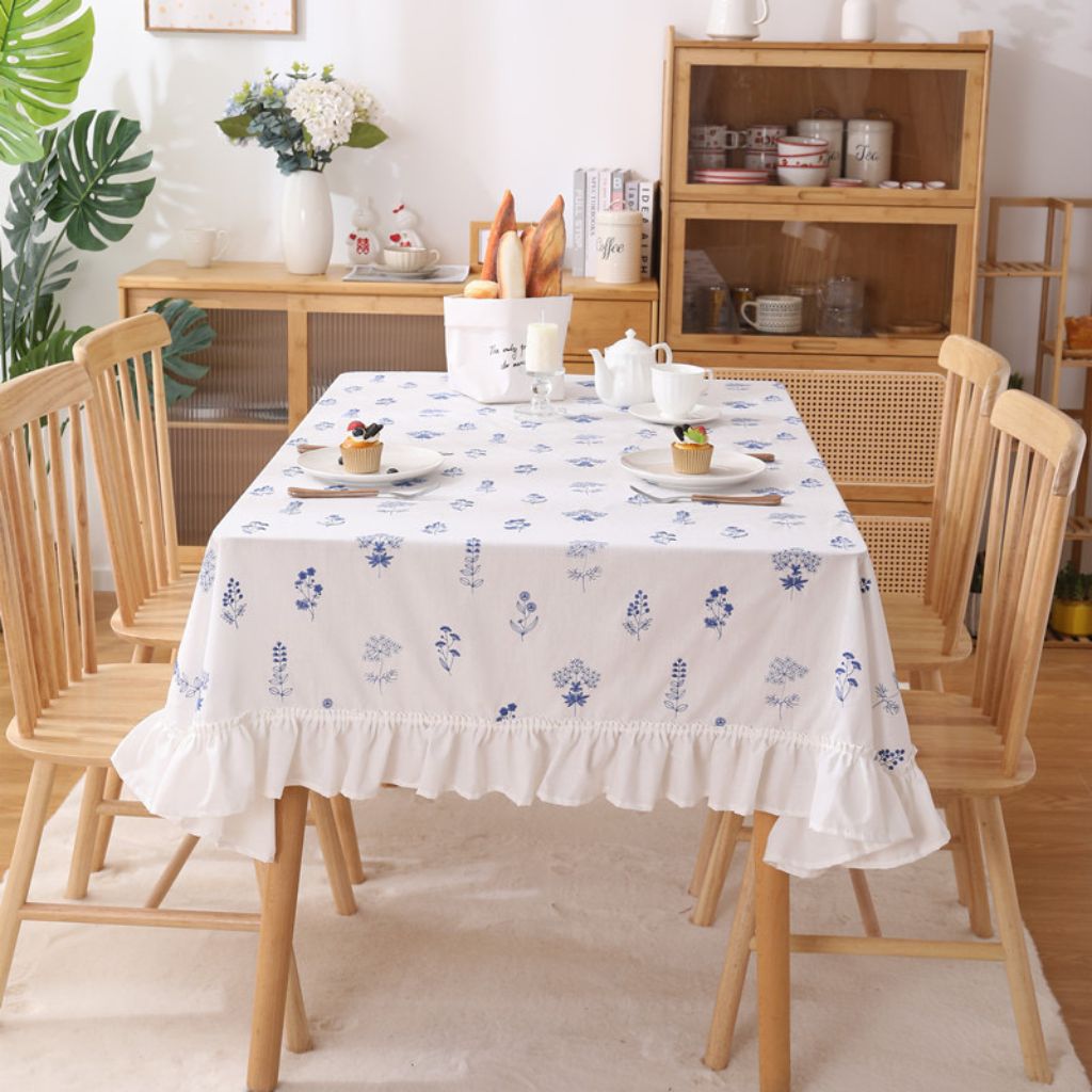 French Country Blue Floral Embroidered Tablecloth