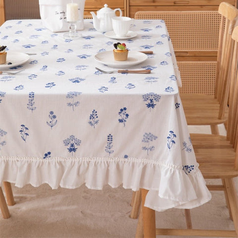 Image of French Country Blue Floral Embroidered Tablecloth