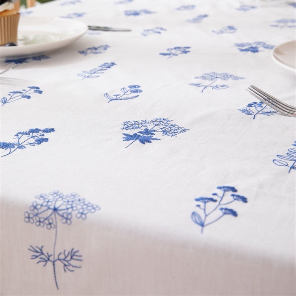 French Country Blue Floral Embroidered Tablecloth