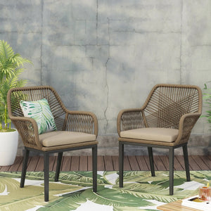 Fromberg Outdoor Wicker Dining Chair with Cushion, Set of 2, Light Brown and Beige