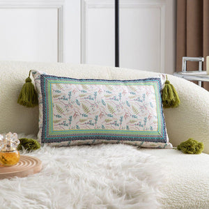 Green Meadow With Embroidered Border & Tassels Lumbar Pillow Cover