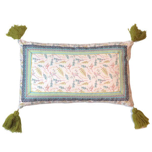 Green Meadow With Embroidered Border & Tassels Lumbar Pillow Cover