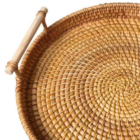 Image of Handwoven Rattan Round Serving Tray with Handles