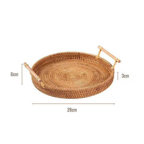 Image of Handwoven Rattan Round Serving Tray with Handles