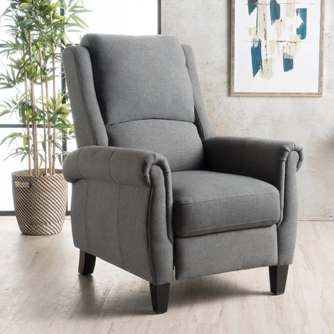 Image of Harrah Charcoal Fabric Upholstered Push-Back Recliner with Scrolled Arms