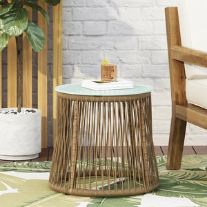 Helmville Outdoor Wicker Side Table with Glass Top, Light Brown