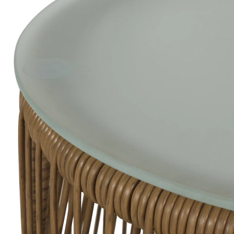 Image of Helmville Outdoor Wicker Side Table with Glass Top, Light Brown