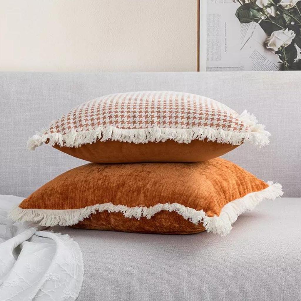 Houndstooth Pattern Throw Pillow Cover with Brush Fringe