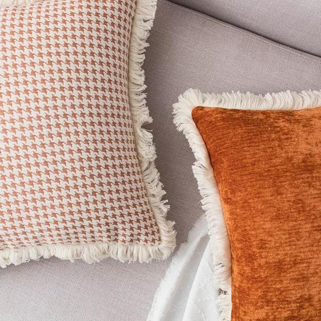 Houndstooth Pattern Throw Pillow Cover with Brush Fringe