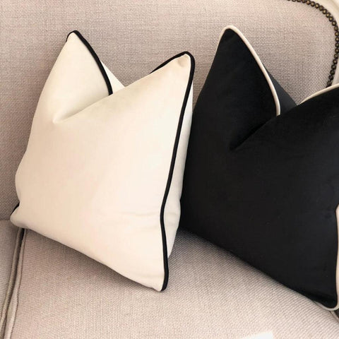 Image of Ivory Velvet Throw Pillow Cover with Black Piping