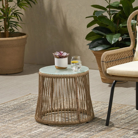 Image of Karen Outdoor Side Table, Steel and Rope, Tempered Glass Table Top, Boho