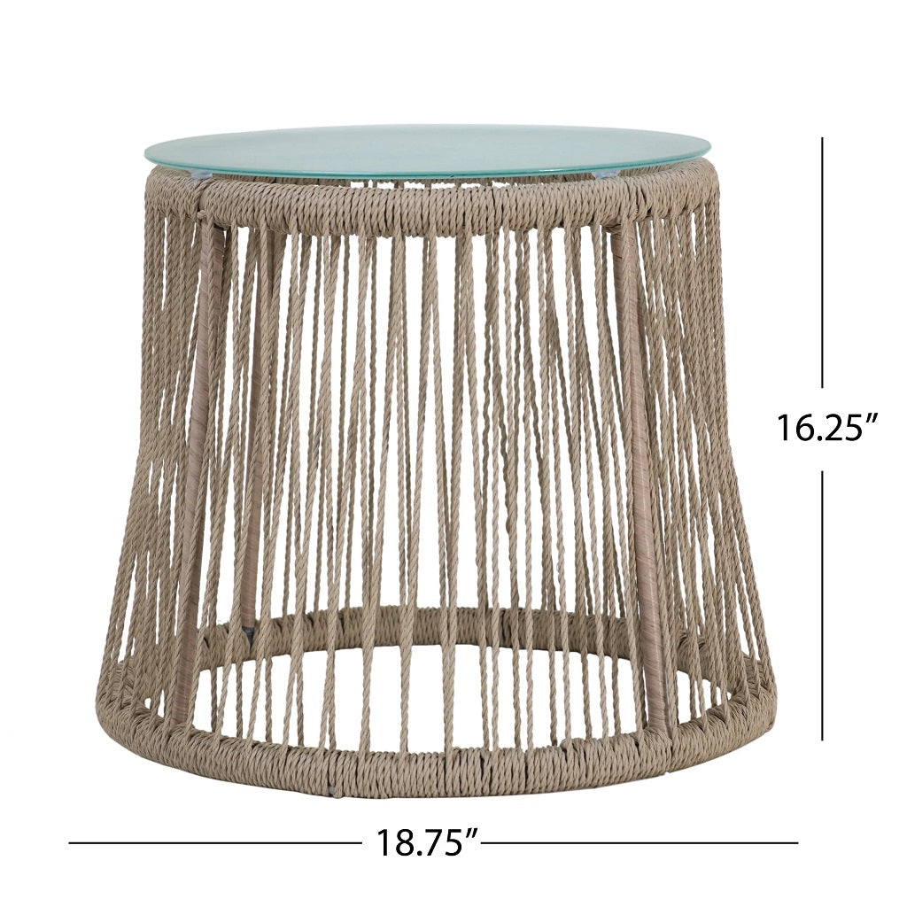 Karen Outdoor Side Table, Steel and Rope, Tempered Glass Table Top, Boho