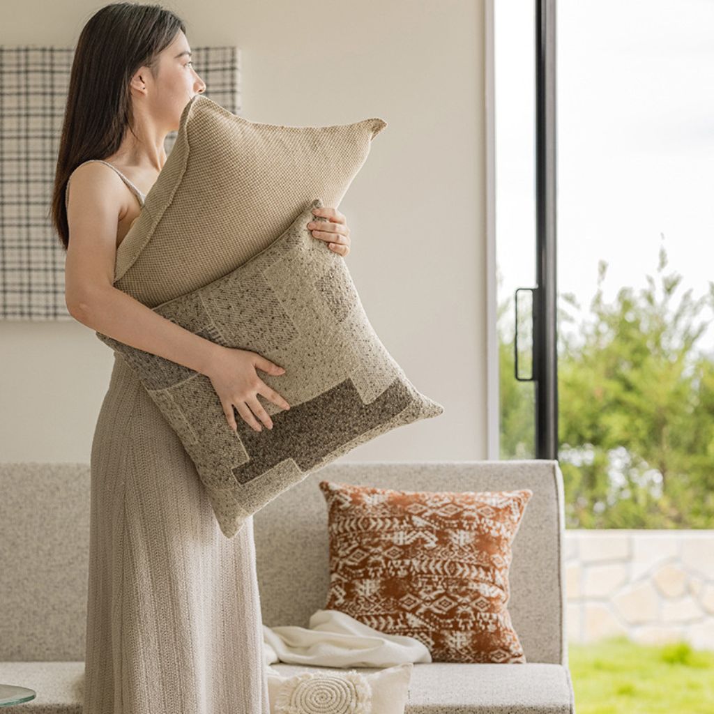 Khaki Geometric Boucle Throw Pillow Cover